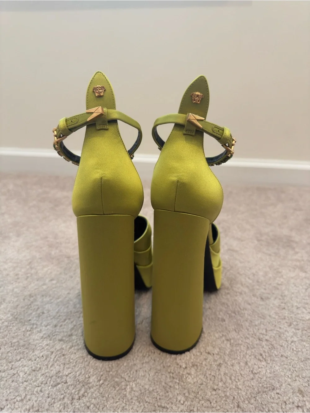 Versace Olive Green Platform Ankle-Strap Pumps with Embellished Buckle